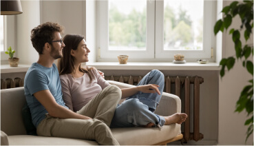 Couple sits together on couch in living room.
