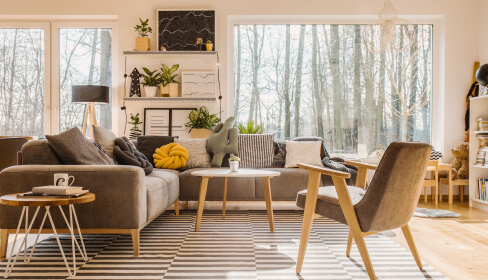 Yellow and black living room of someone’s potential dream home.